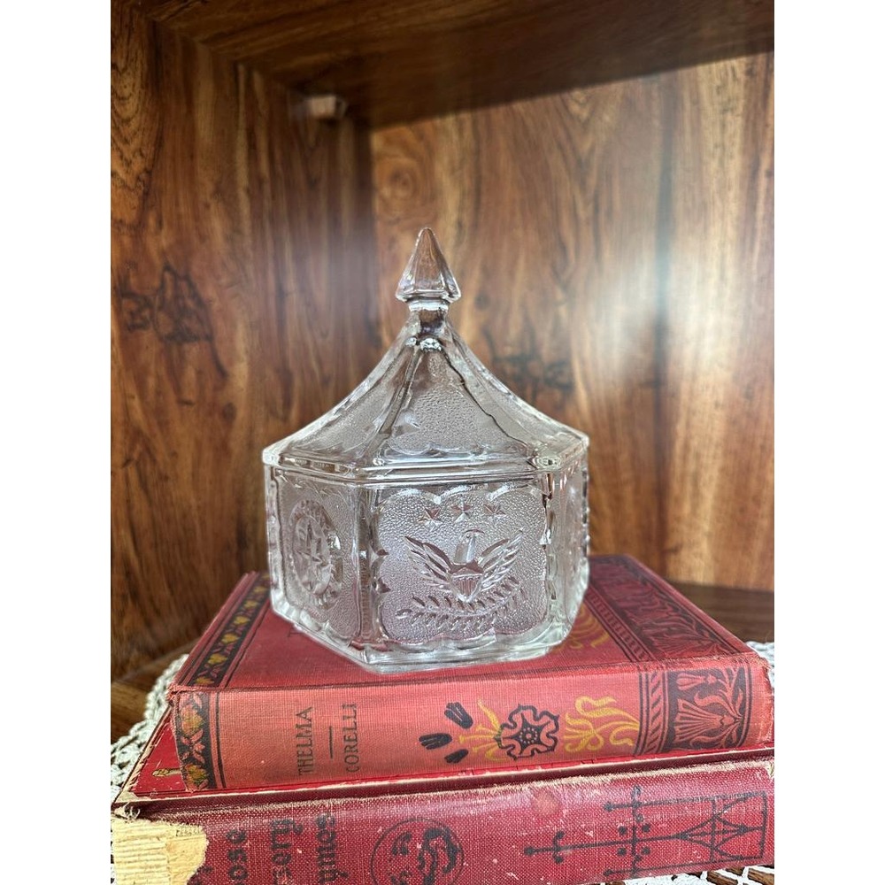 Vintage Tiara Exclusives Colonial Eagle Stars Glass Candy Jar | Hexagon Dish 6in